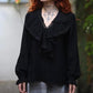 Black Ruffle Blouse With Floral Dantel