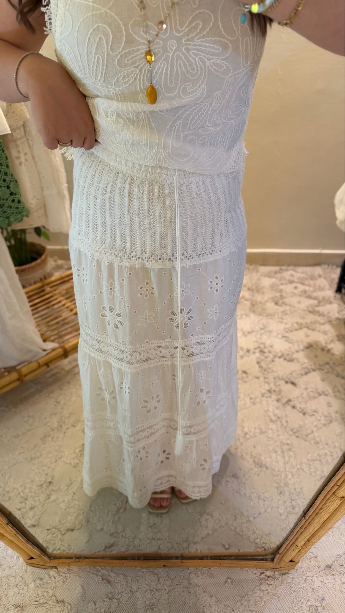 White Cut Out Embroidery Floral Skirt With Tassels