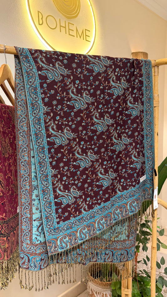 Plum Turquoise Cotton Double-Face Pashmina
