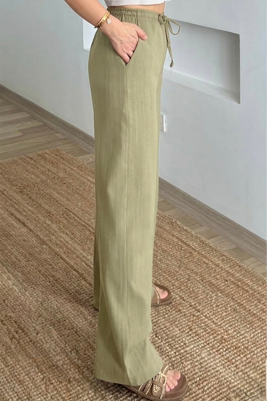 Olive Stripy Linen Straight Leg Pants With Elastic Waist
