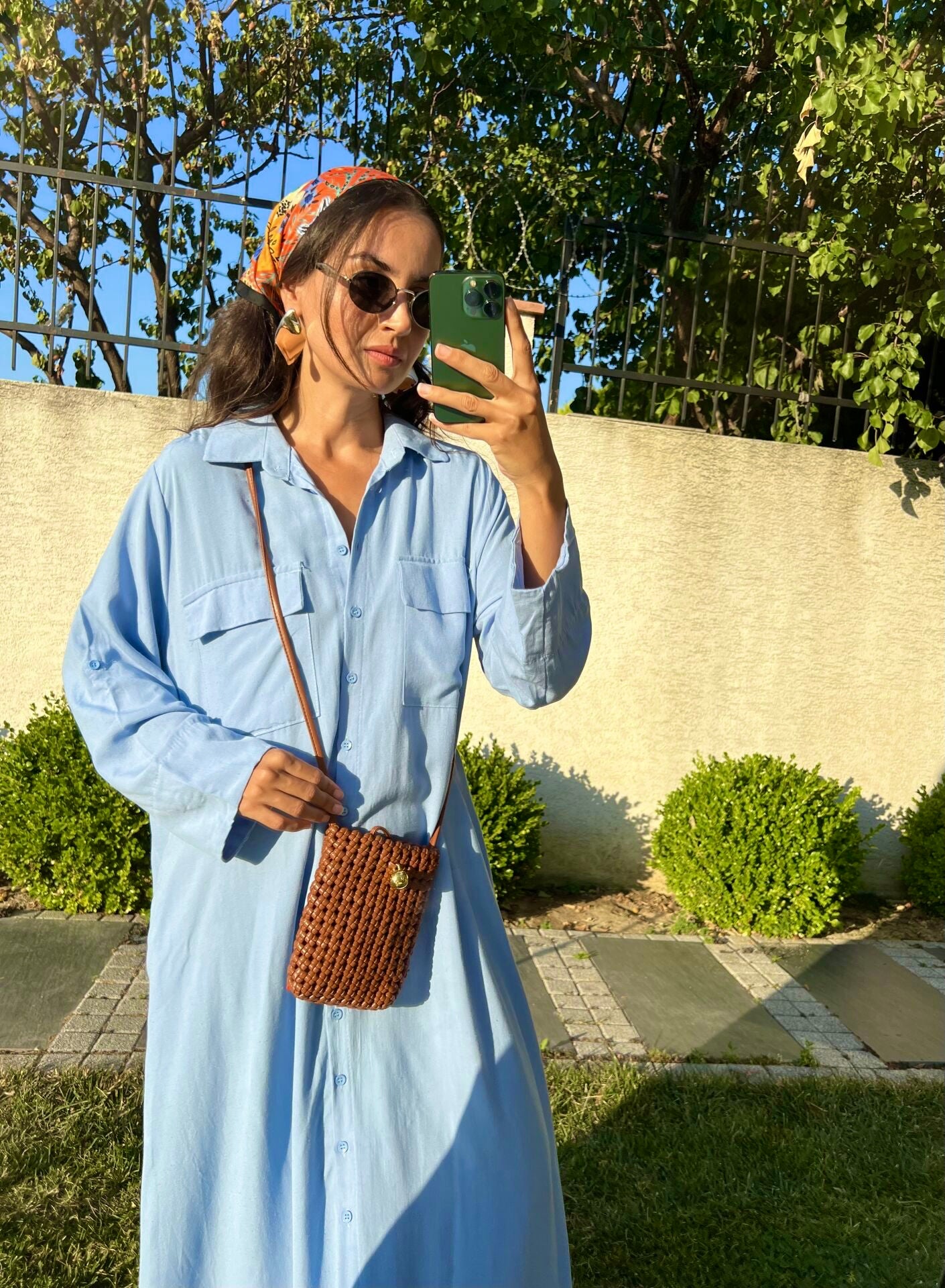 Blue Linen Shirt Dress With Pockets