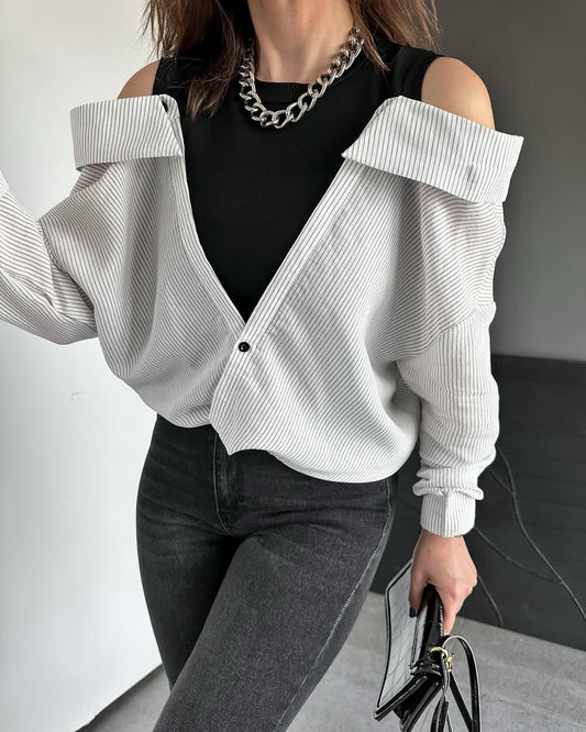 Off Shoulder Striped Blue Shirt With Black Top