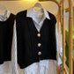 Black Triko Vest With Golden Buttons + Striped Cotton Shirt (2-Piece)