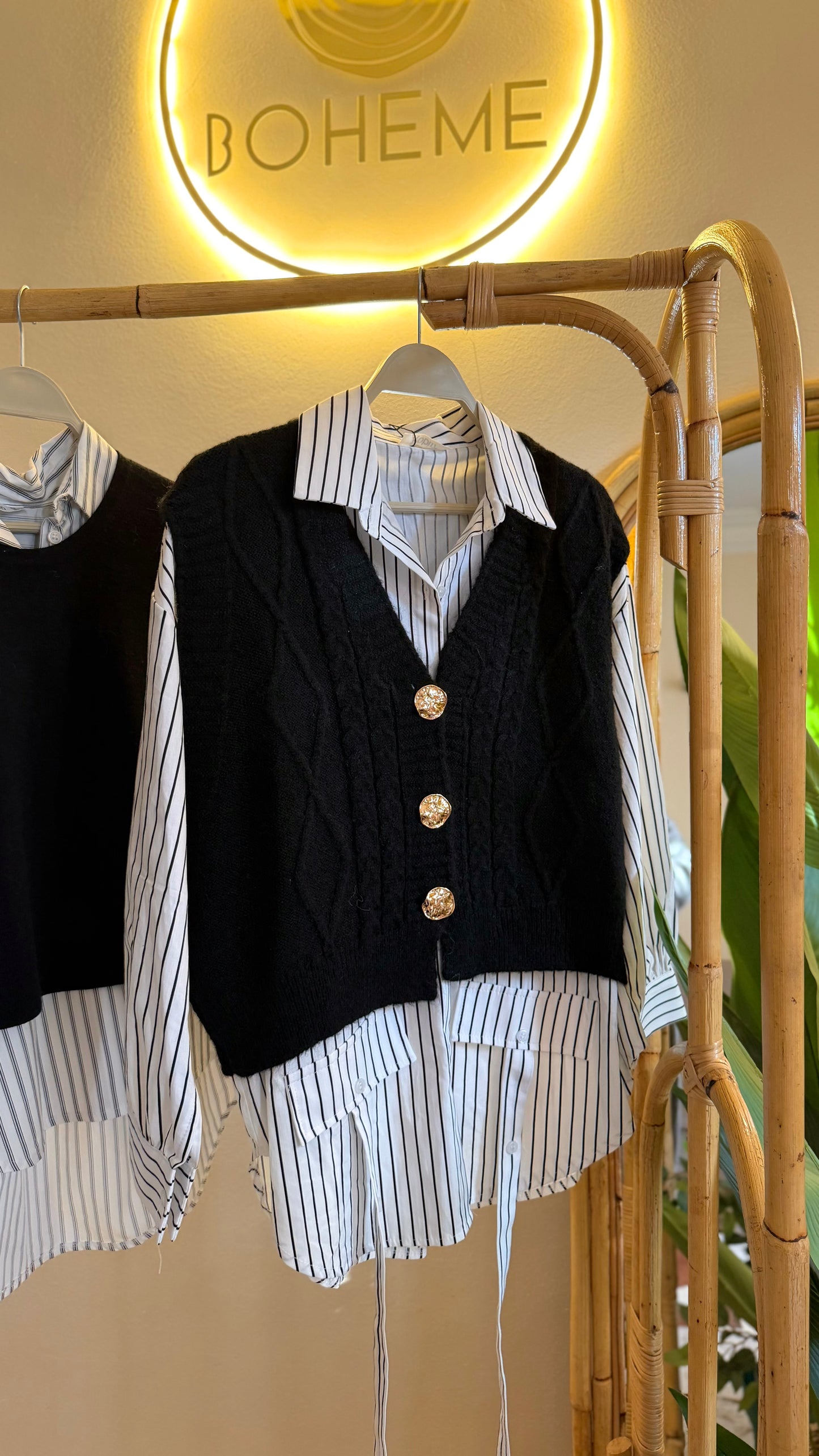 Black Triko Vest With Golden Buttons + Striped Cotton Shirt (2-Piece)
