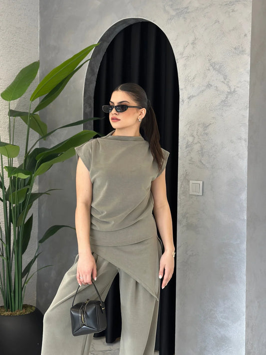 Olive Draped Asymmetric Top Set