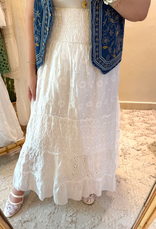 White Cotton Cut Out Skirt With Wide Waist