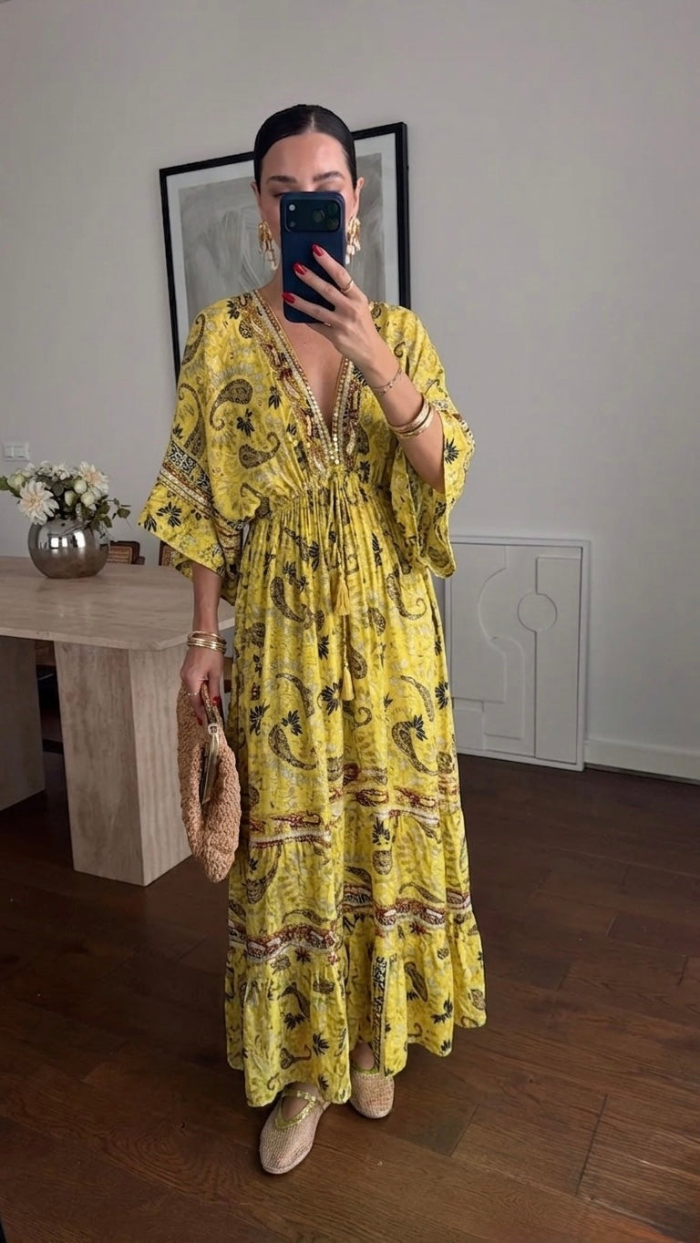 The Italian Yellow Paisly Dress With Embroidery & Tassels