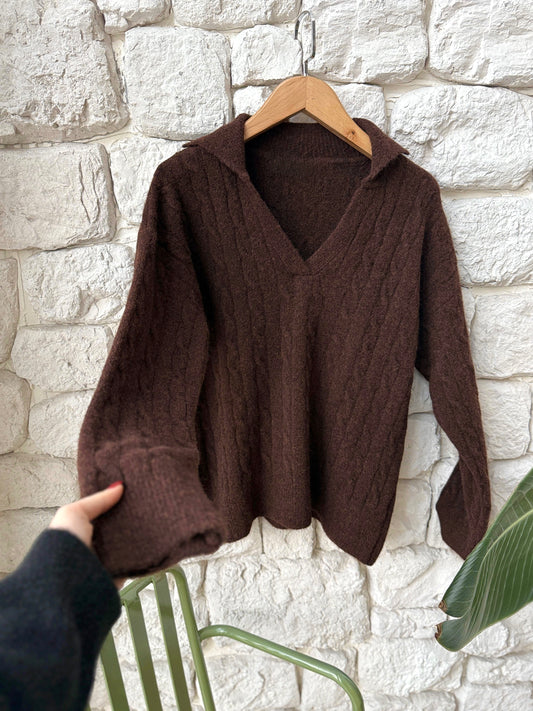 Brown Braided Pullover With Polo Collar