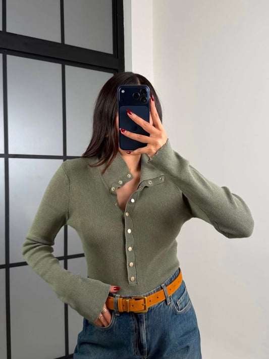 Olive Basic Triko Top With Gold Metalic Buttons