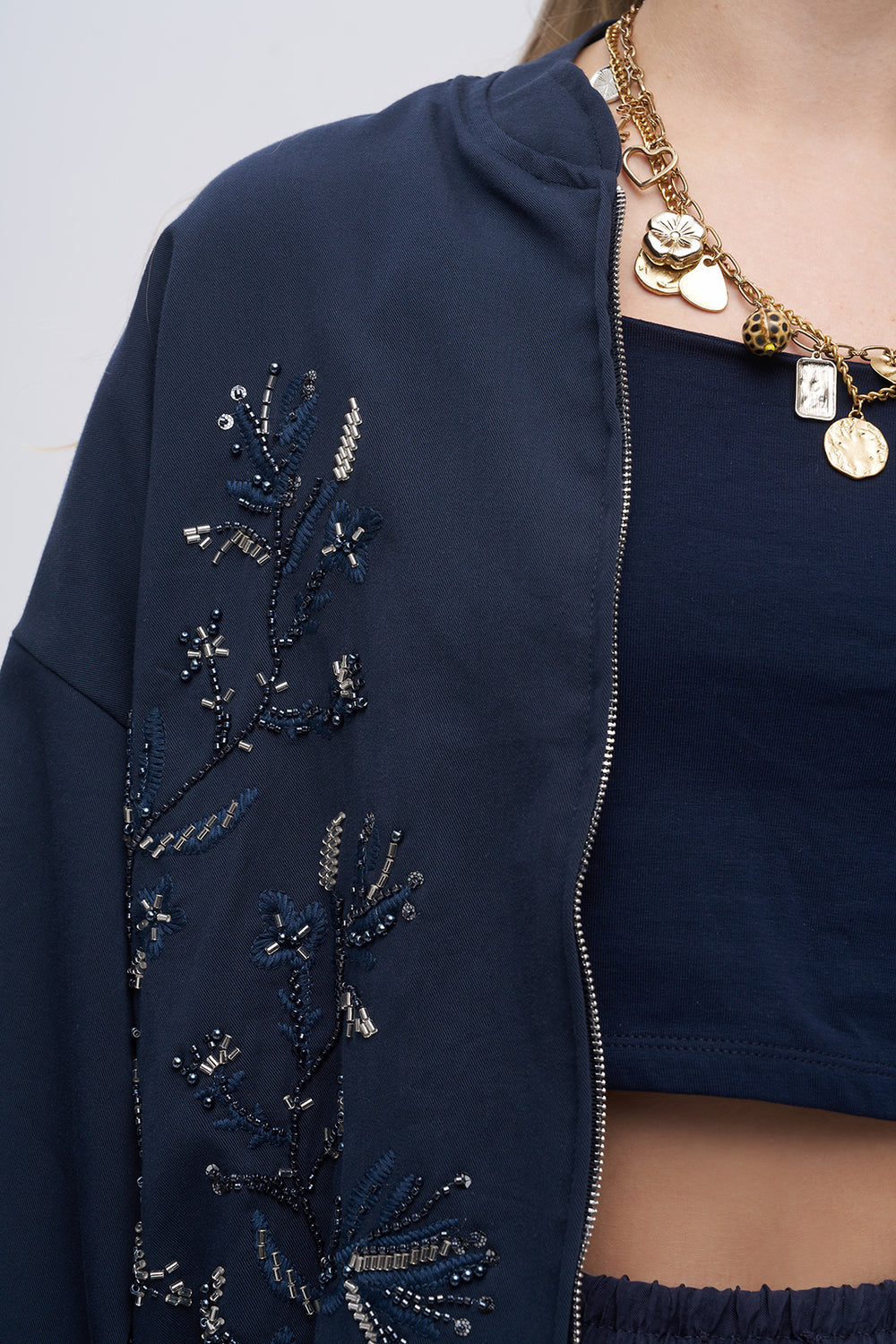 Navy Embroidered Bomber Jacket