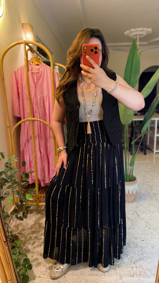 Black Cotton Golden Threads Indian Skirt