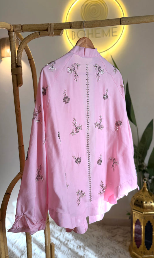 Pink Floral Bead-Embellished Kimono