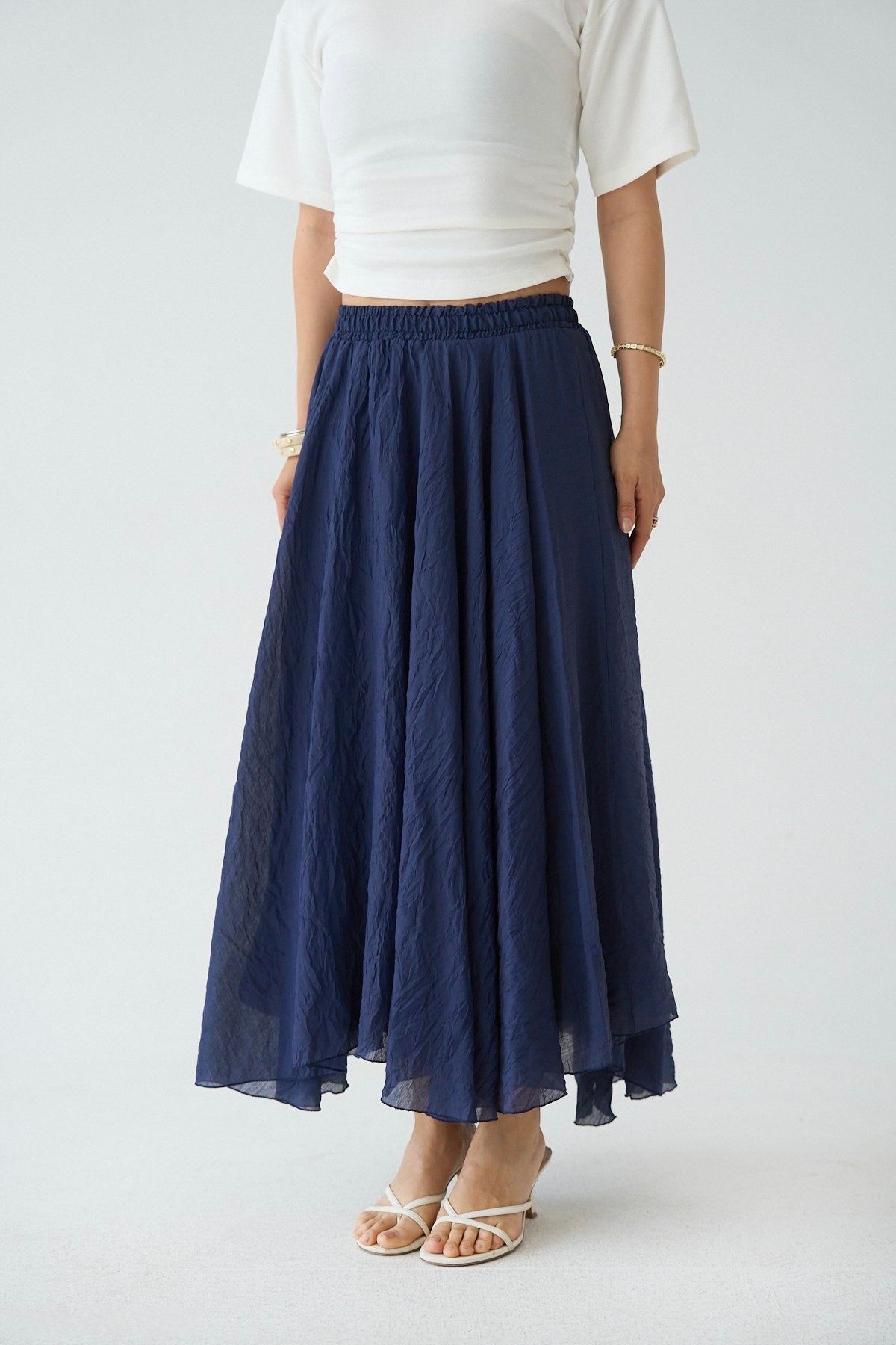 Navy Blue Asymmetrical Crinkled Chiffon Skirt