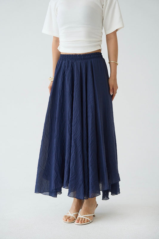 Navy Blue Asymmetrical Crinkled Chiffon Skirt
