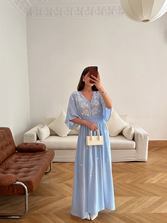 Baby Blue Cotton Embroidered Dress