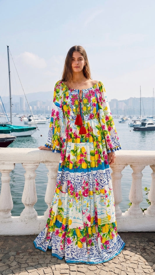 Antica Sartoria Colorful Lemon Dress With Handmade Embroidery Beads