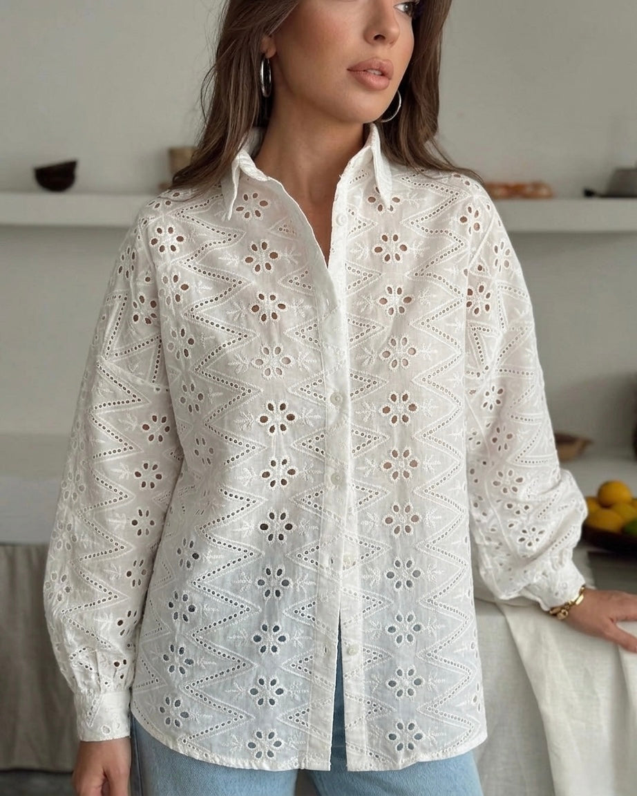 White Embroidered Cut Out Oversized Shirt