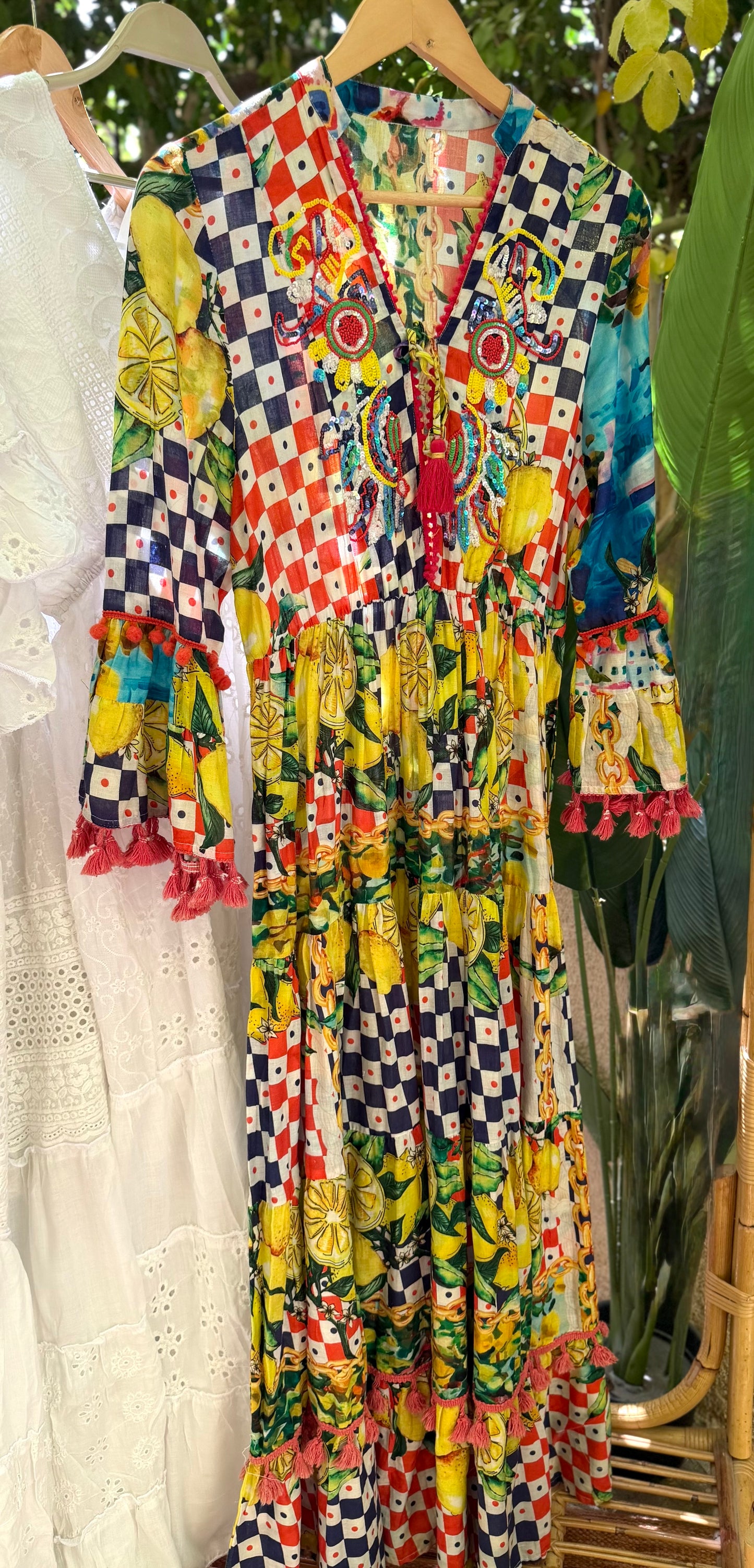 Antica Sartoria Checkerboard & Lemon Beaded Dress With Tassels
