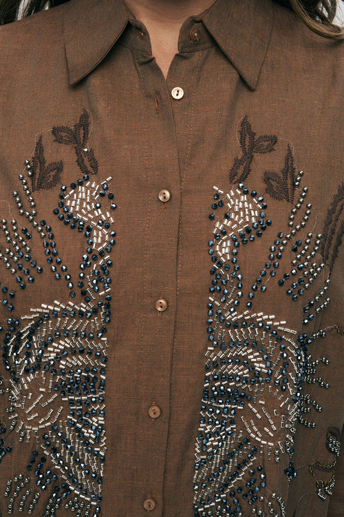 Brown Beaded Embroidery Shirt