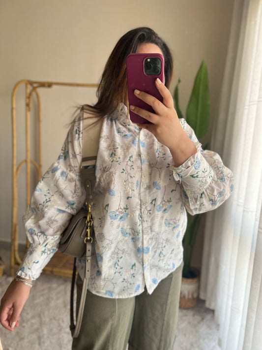 Blue Embroidered Floral Blouse