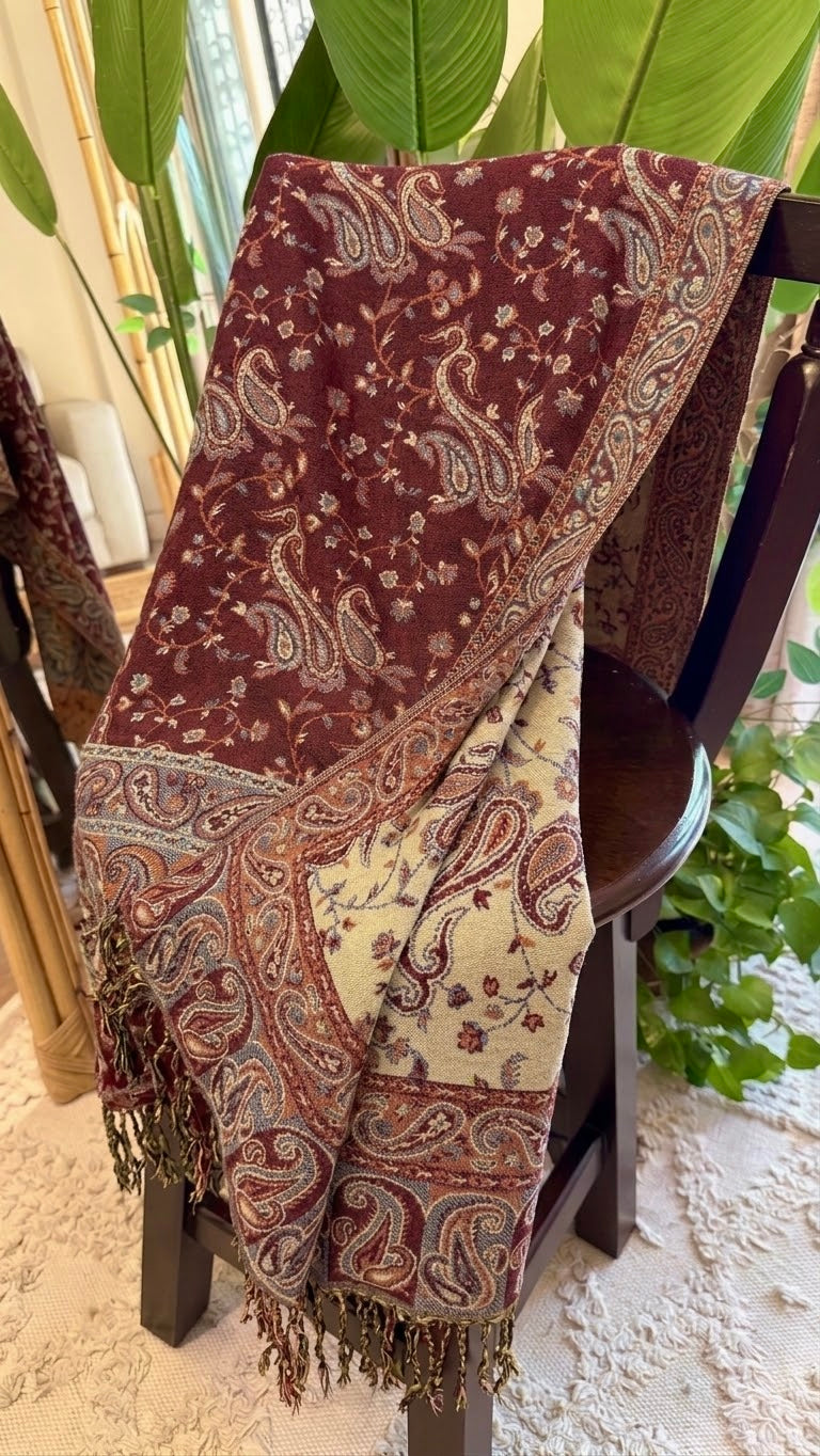 Burgundy Beige Cotton Double-Face Pashmina