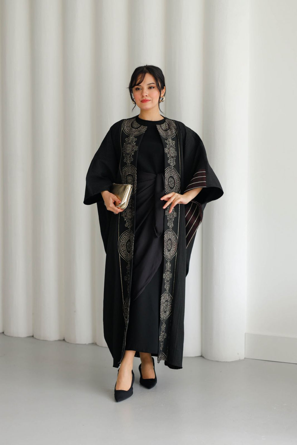 Black Jacquard Kaftan With Burgundy & Gold Embroidery