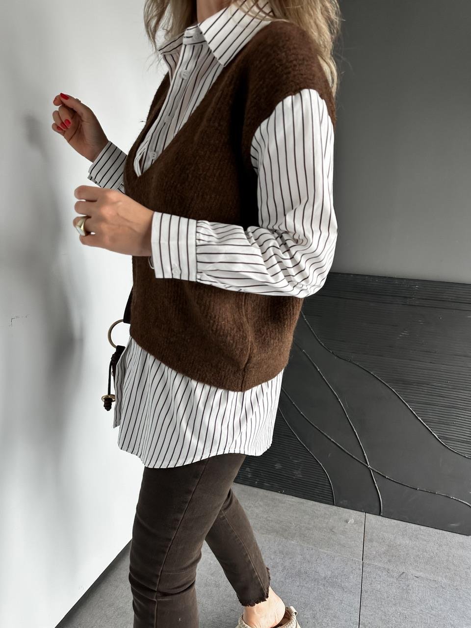 Brown V Triko Vest With Striped Black Cotton Shirt (one piece)