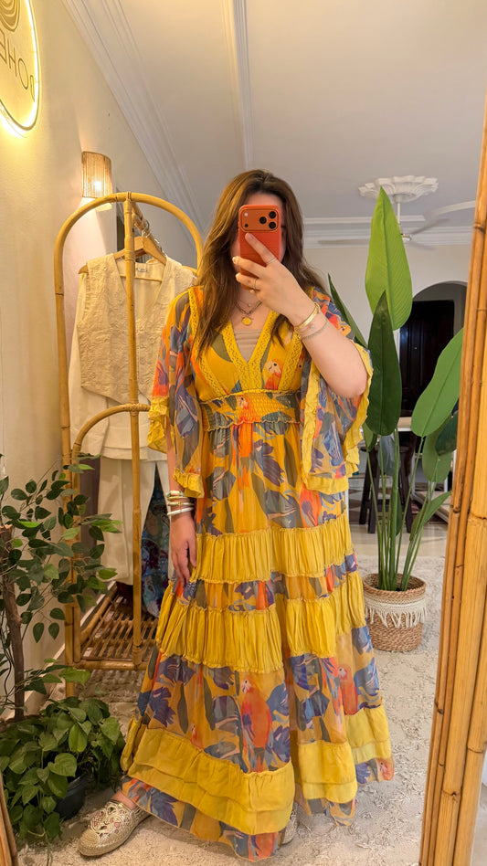 Orange Parrot Chiffon Ruffle Dress With Elastic Waist