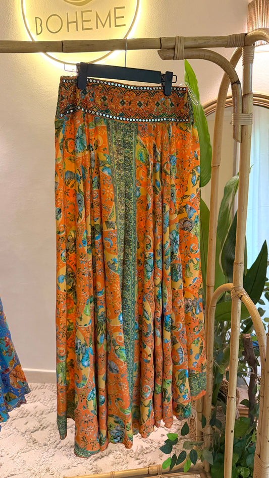 Orange Paisley Satin Embroidered Skirt Pants
