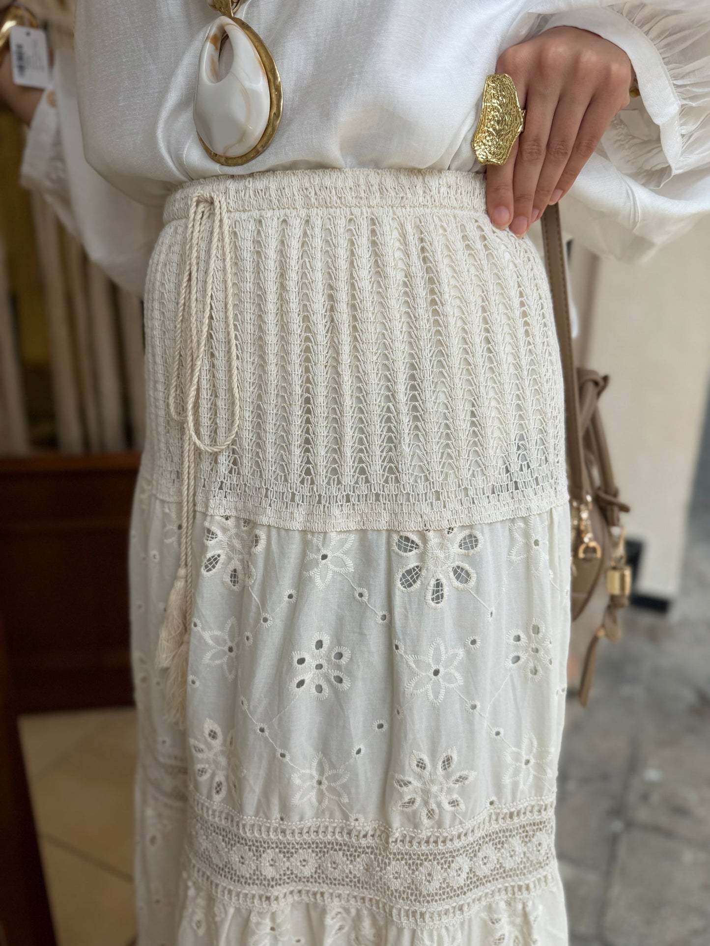 Beige Cut Out Embroidery Floral Skirt With Tassels