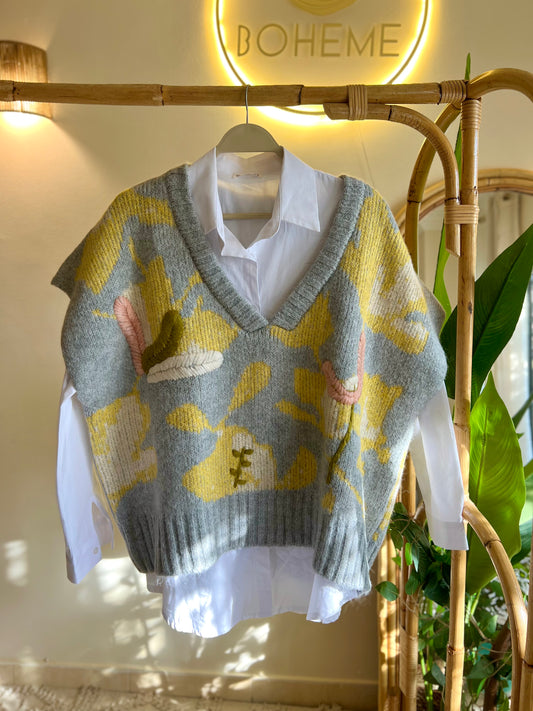 Embroidered Grey Multicolored V Neck Vest