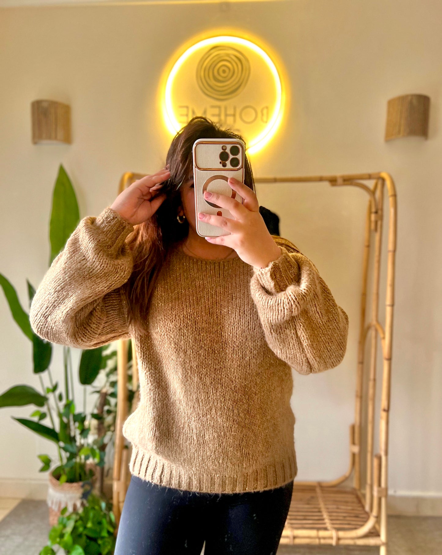 Camel Mohair Pullover With Golden Threads