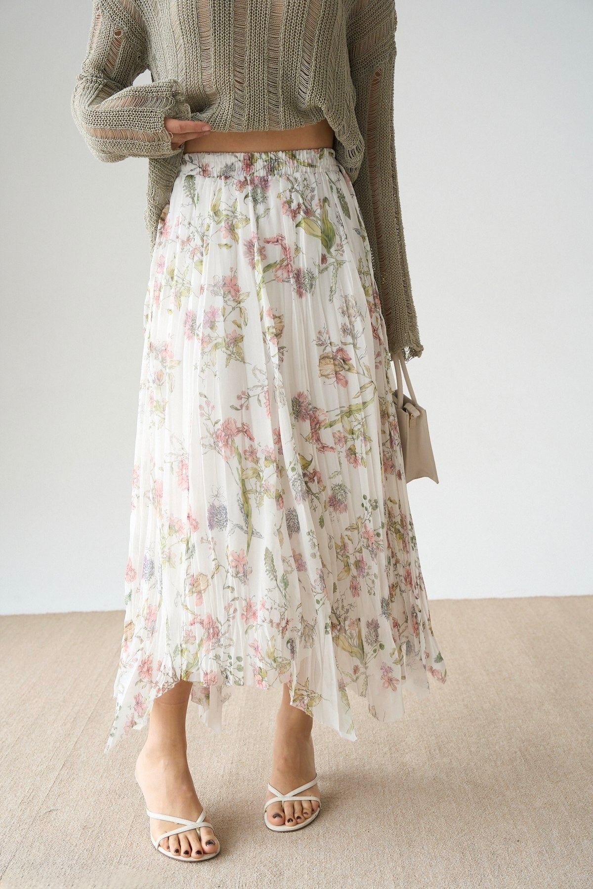 Floral White Asymmetrical Chiffon Skirt