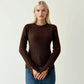 Brown Ribbed Basic Top With Golden Buttons