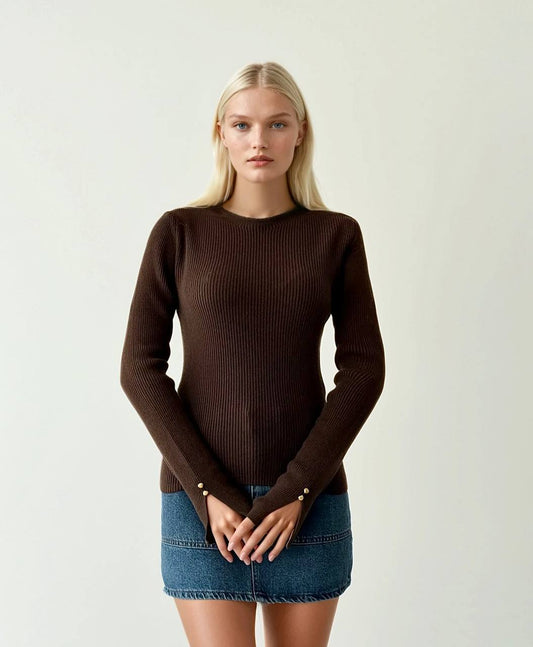 Brown Ribbed Basic Top With Golden Buttons