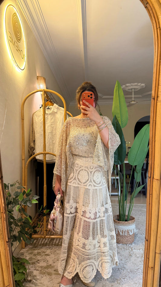 Cotton Lace & Crochet Beige Elastic Waist Skirt