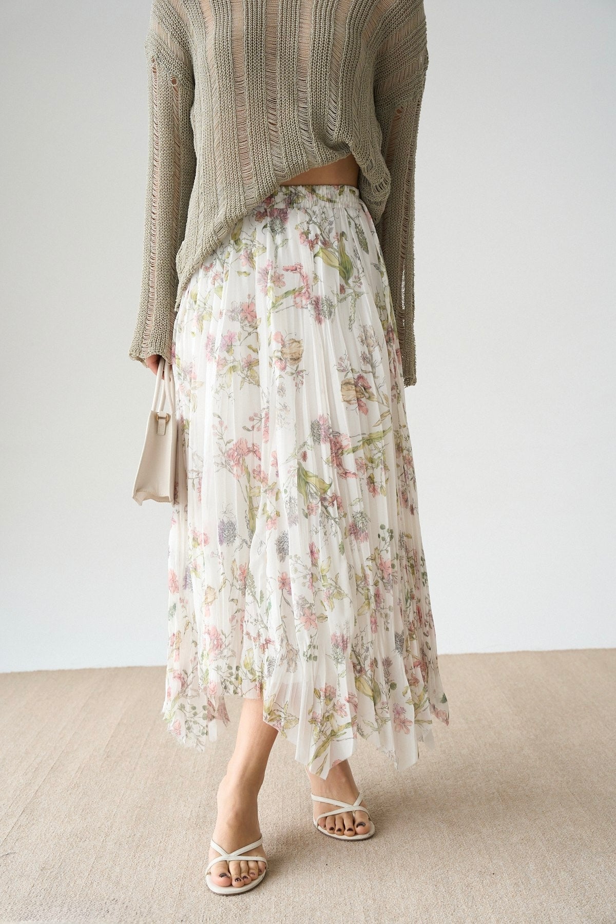 Floral White Asymmetrical Chiffon Skirt