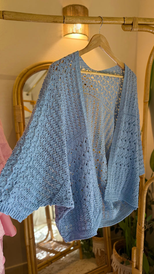 Baby Blue Crochet Butterfly Sleeve Kimono