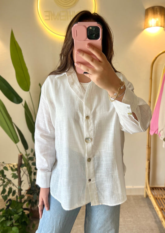Off White Linen Shell Buttons Shirt