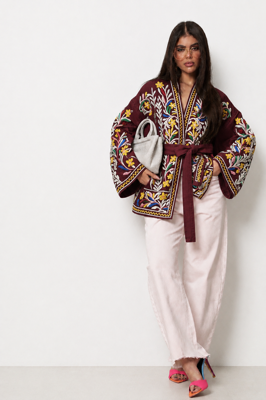 Burgundy Embroidered Gabardine Belted Jacket