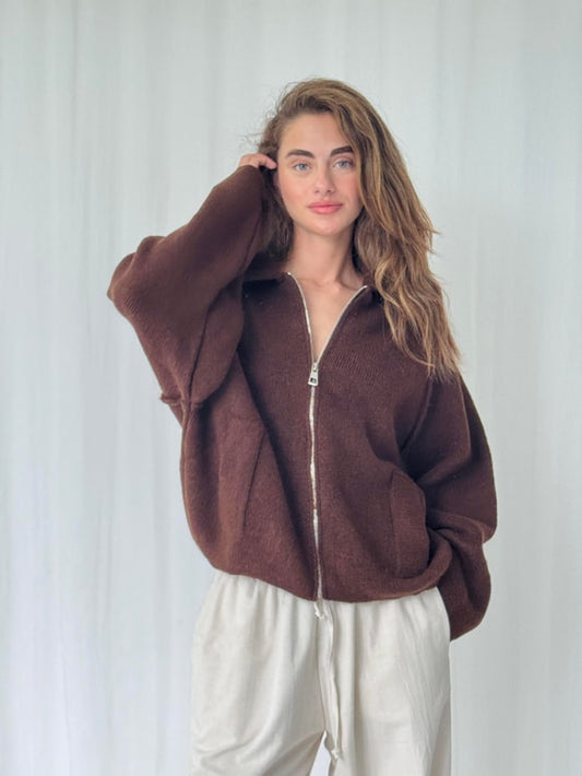 Brown Zip Up Wool Jacket