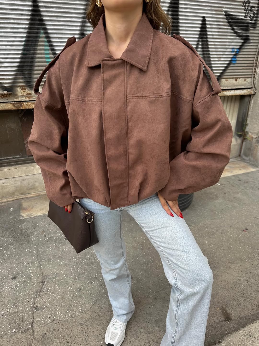 Camel Suede Jacket With Golden Zipper