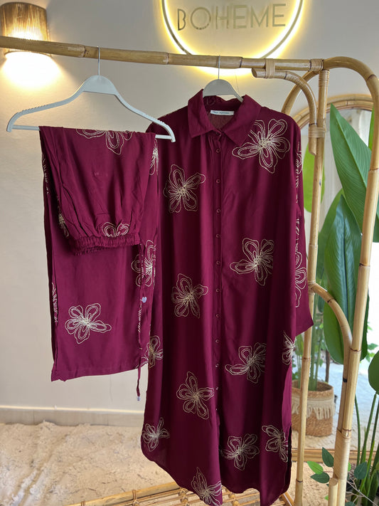 Burgundy X Gold Embroidered Long Shirt Set