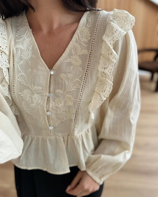 Dantel Detailed Beige Blouse