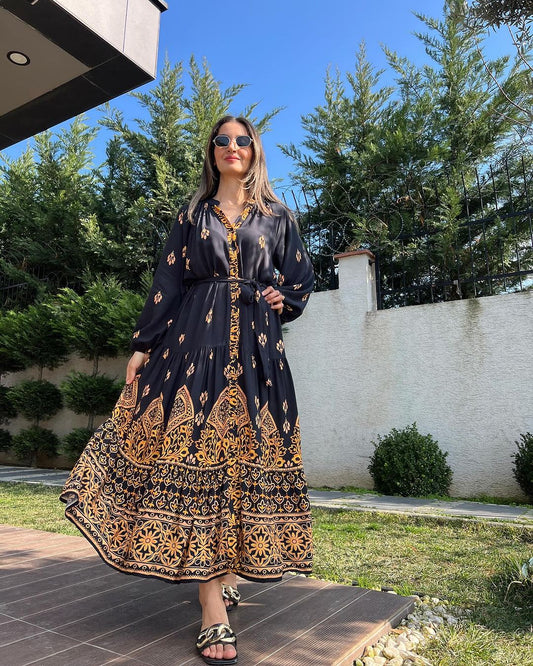 Black & Golden Ethnic Belted Dress