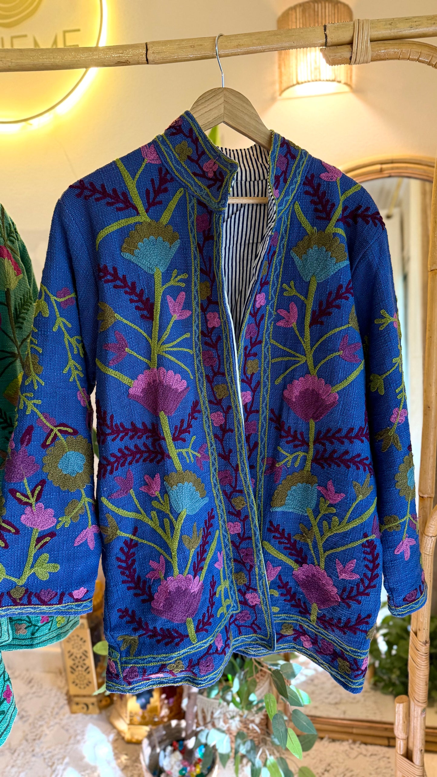 Blue Green Suzani Embroidered Long Jacket