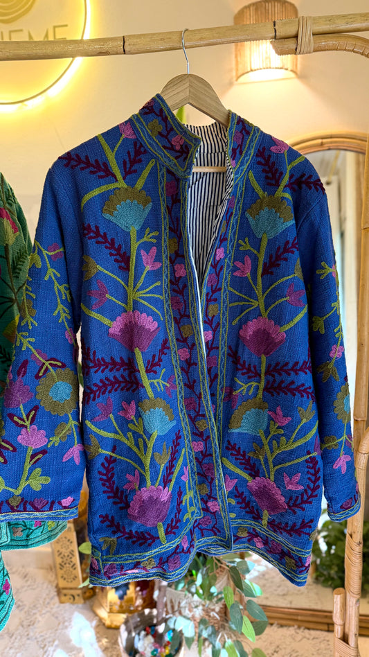 Blue Green Suzani Embroidered Long Jacket