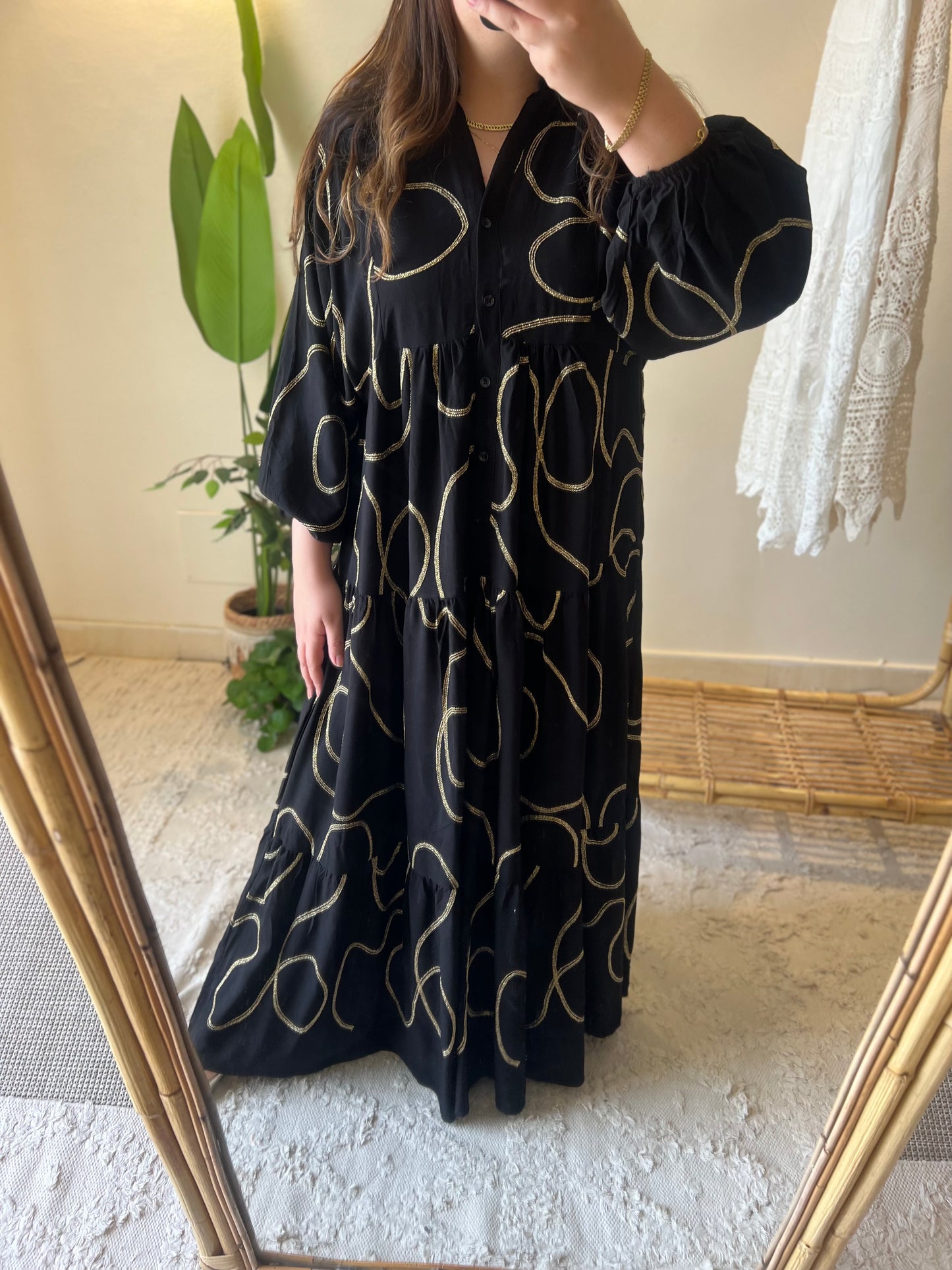 Black Gold Embroidered Cotton Wide Dress
