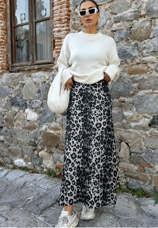 Leopard A Line Satin Skirt