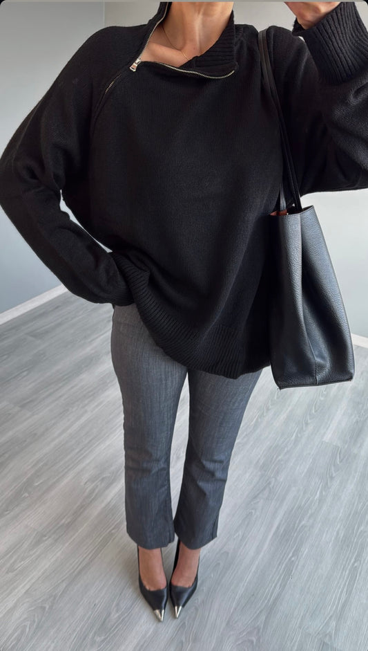 Black Quarter Zip Up Collar Pullover
